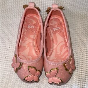RARE WICKED INSPIRED PINK BALLET FLATS DRESS SHOES Size 8 GLITTER BUTTERFLIES
